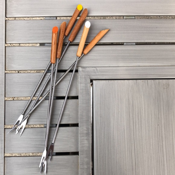 Set of Six Fondue Forks-Gently Used-Vintage Item-Wooden Handles - Picture 7 of 10